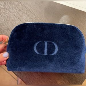 Christian Dior navy velvet makeup bag with gold zipper